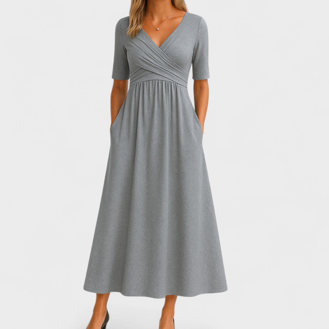 Women's Winter Wedding Guest Dress | Midi Wrap V-Neck Elbow Sleeve Pockets