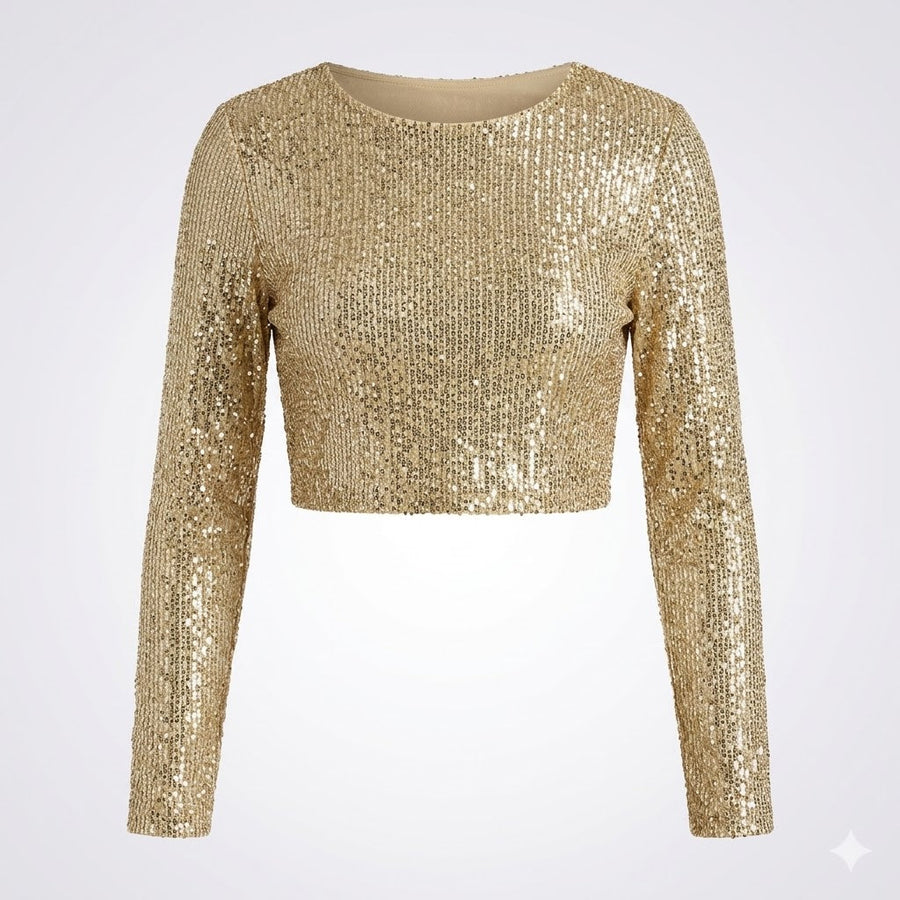 Women's Sequin Top | Long Sleeve Round Neckline Cropped