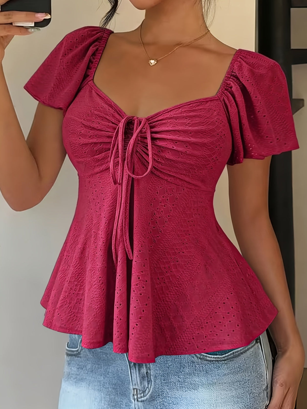 Women's Peplum Top | Sweetheart Neckline Flutter Sleeve Tie Closure