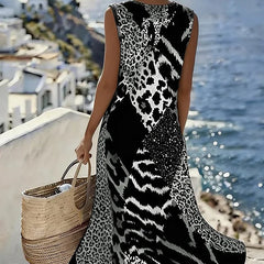 Women's Leopard Print Dress | Sleeveless Midi Patchwork Mixed Animal Print