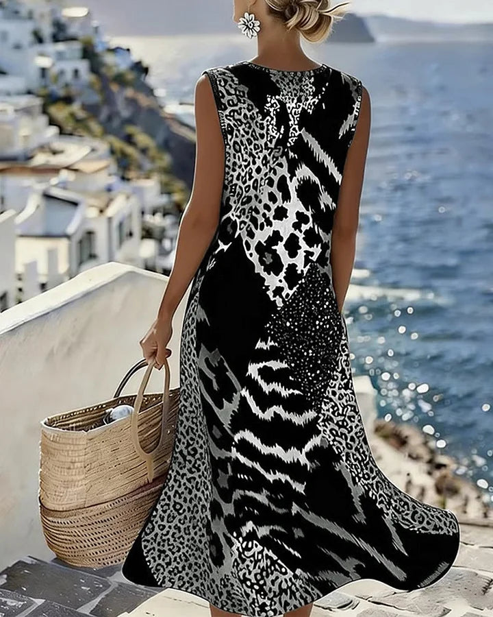 Women's Leopard Print Dress | Sleeveless Midi Patchwork Mixed Animal Print