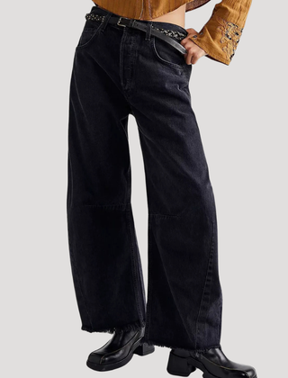 Women's Barrel Jeans | High Waist Cropped Raw Hem Wide Leg Denim