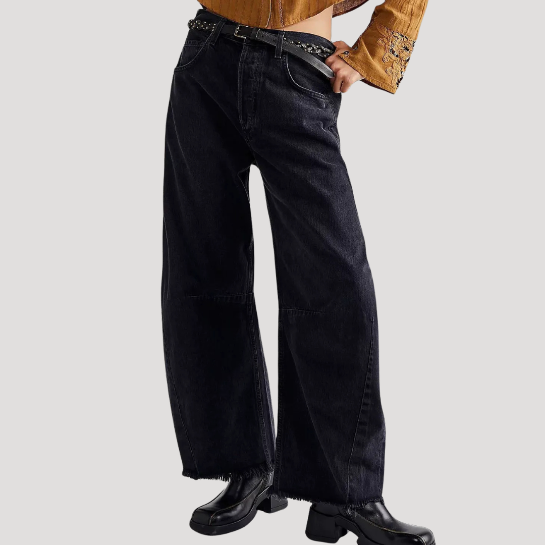 Women's Barrel Jeans | High Waist Cropped Raw Hem Wide Leg Denim