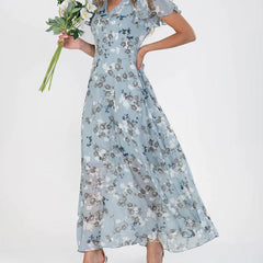 Women's Green Maid Of Honor Dress | Maxi V-Neck Ruffled Sleeve Floral