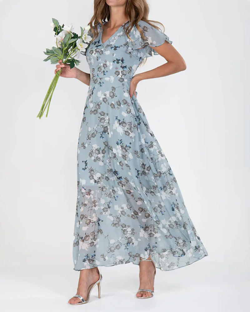 Women's Green Maid Of Honor Dress | Maxi V-Neck Ruffled Sleeve Floral