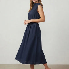 Women's High Neck Dress | Midi Length Sleeveless Pleated Belted
