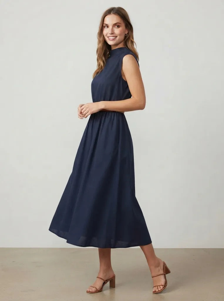 Women's High Neck Dress | Midi Length Sleeveless Pleated Belted