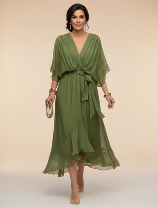 Women's Cocktail Dress | Midi V-Neck Chiffon Wrap