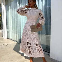 Women's Long Sleeve Wedding Guest Dress | Midi Lace High Neck Puff Sleeve