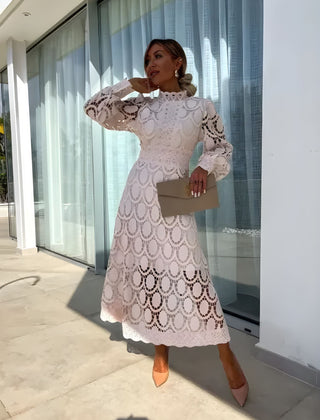 Women's Long Sleeve Wedding Guest Dress | Midi Lace High Neck Puff Sleeve