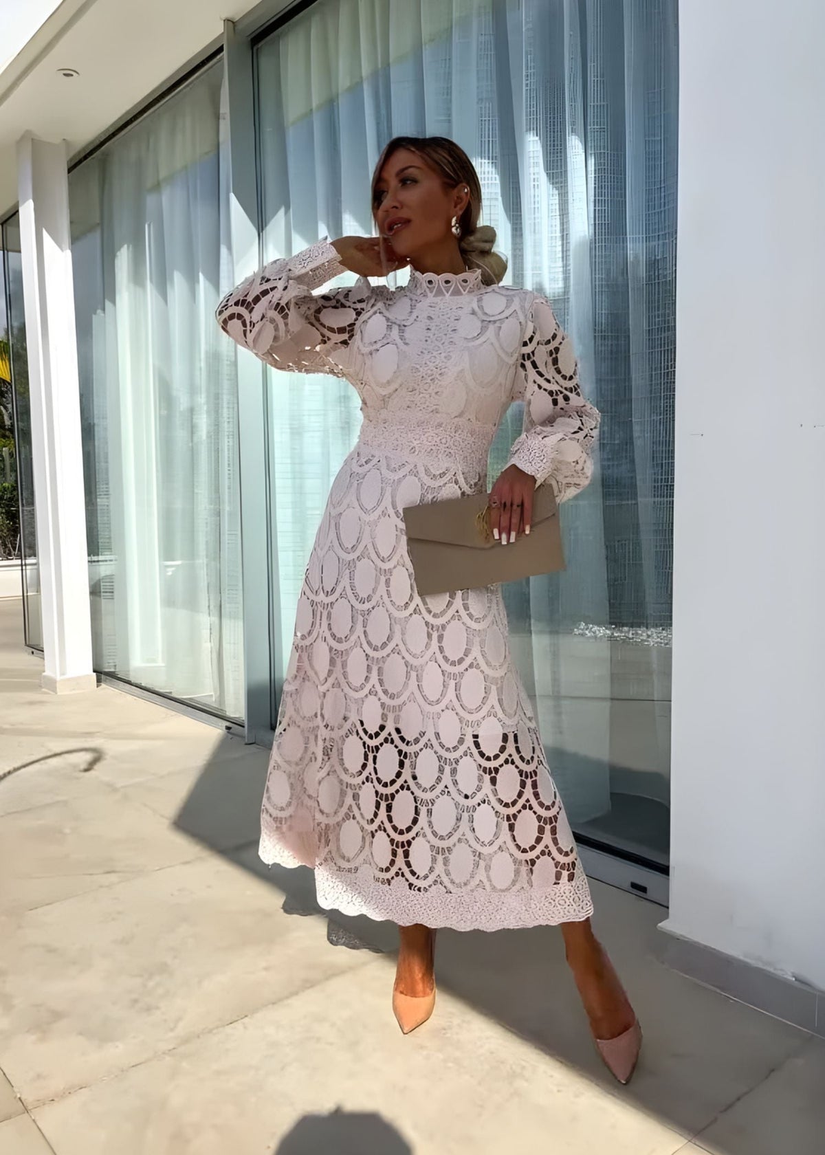 Women's Long Sleeve Wedding Guest Dress | Midi Lace High Neck Puff Sleeve