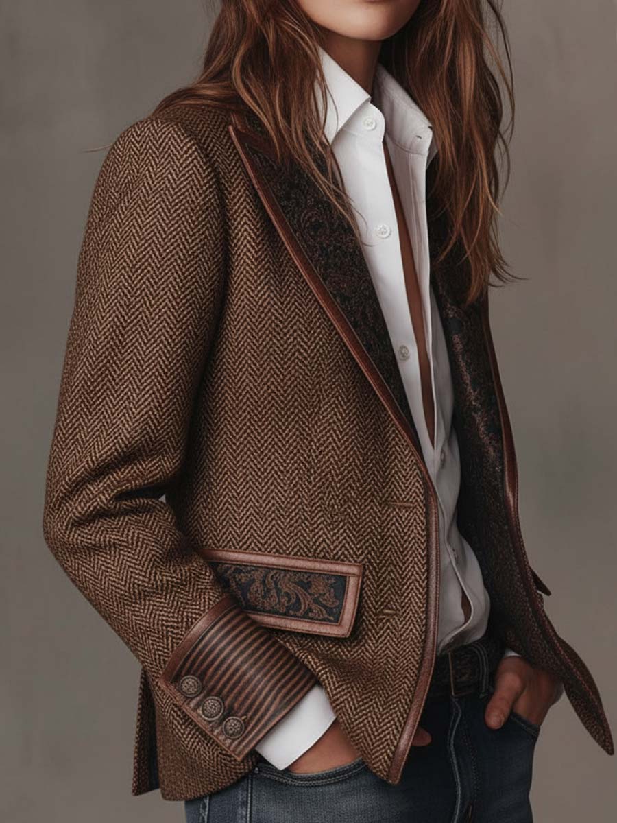 Women's Blazer | Tweed Herringbone Button Closure Tailored
