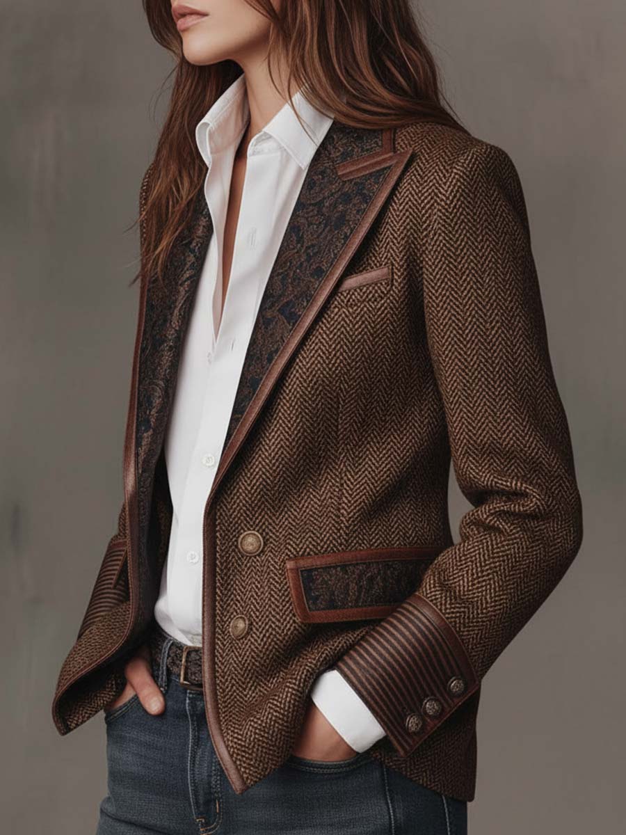 Women's Blazer | Tweed Herringbone Button Closure Tailored