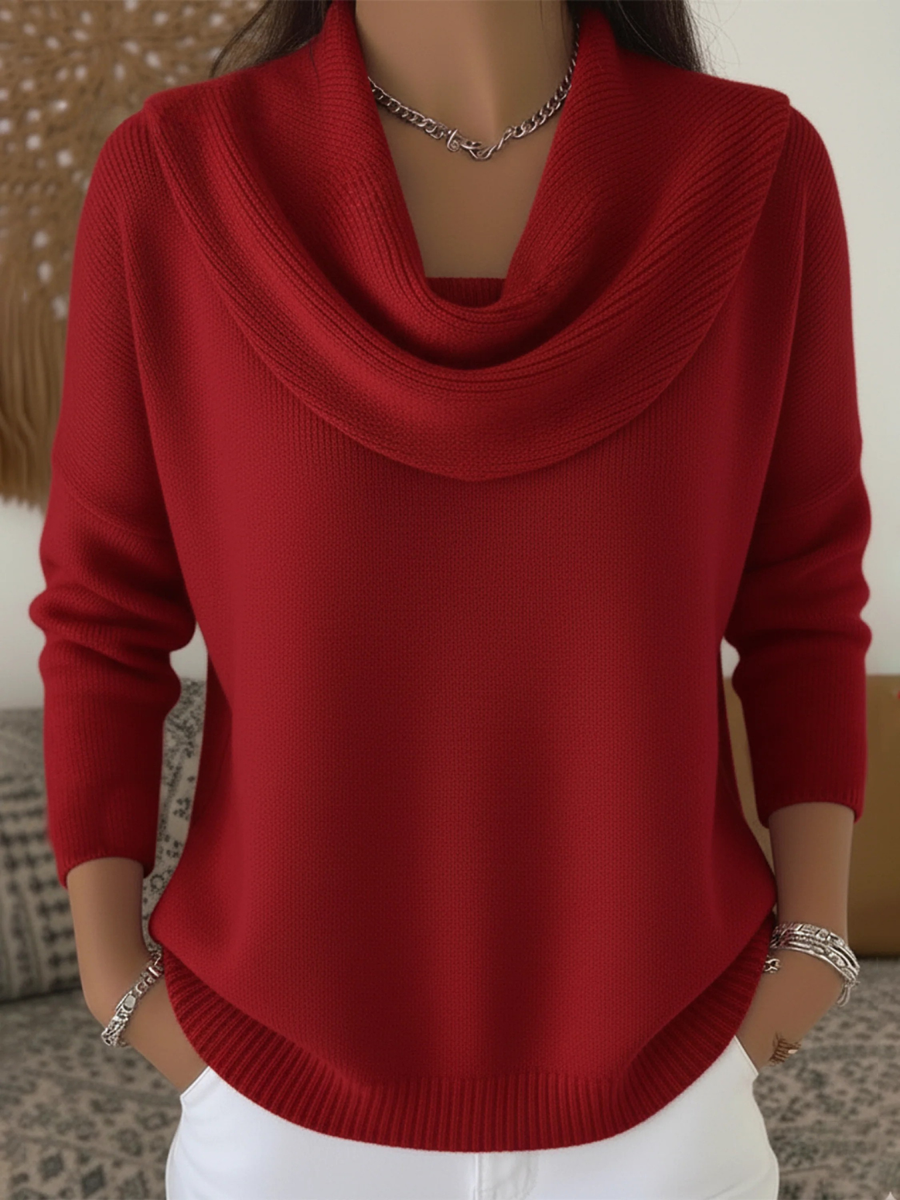 Women's Red Top | Cowl Neck Long Sleeve Knit