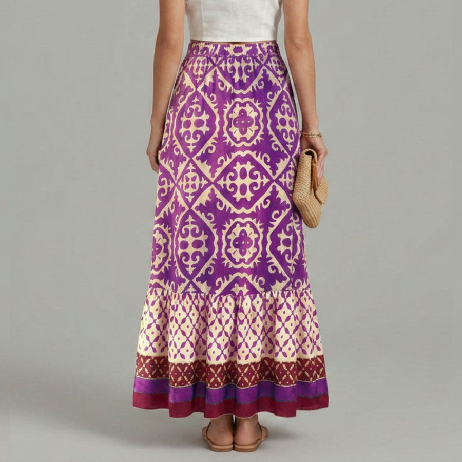 Women's Maxi Skirt | Tiered Hem Elastic Waist A-Line Print