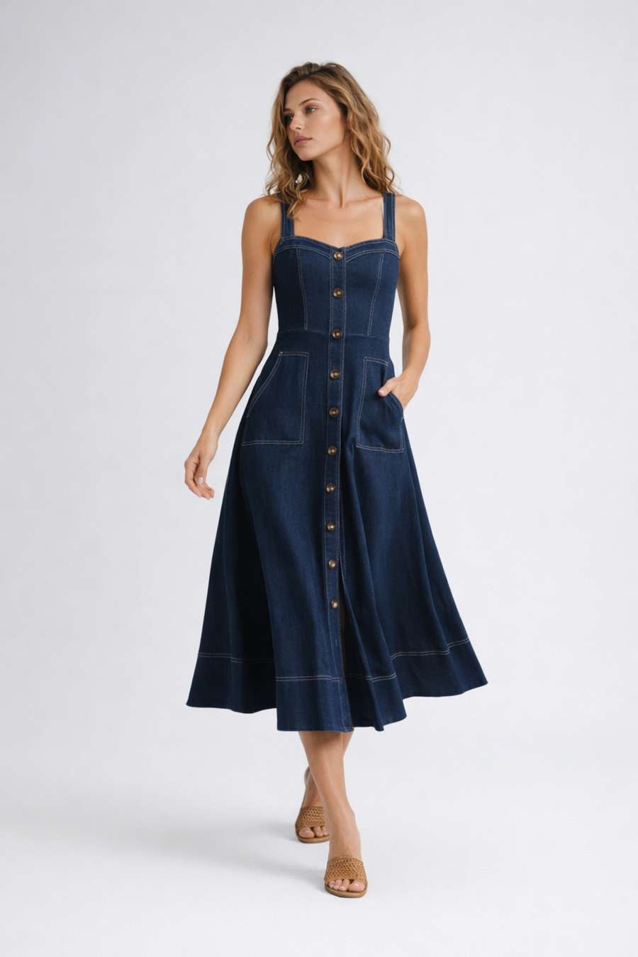 Women's Denim Dress | Midi Sweetheart Button-Front