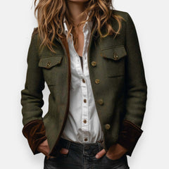 Women's Leather Jacket | Herringbone Tweed Button Closure Tailored