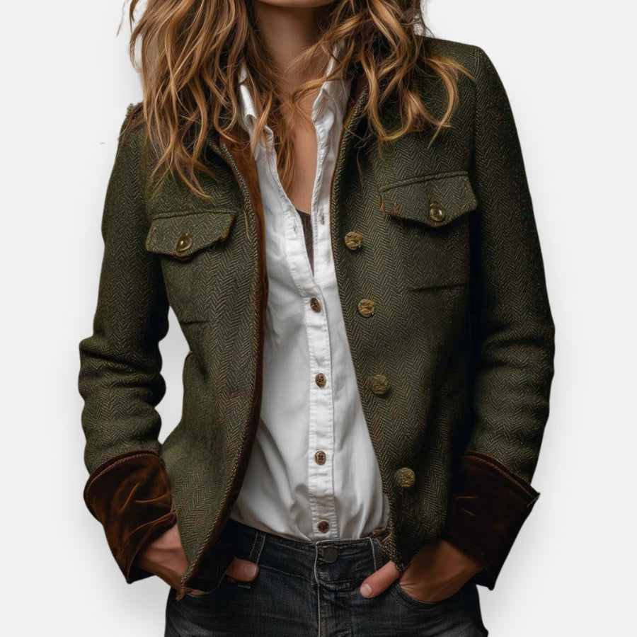 Women's Leather Jacket | Herringbone Tweed Button Closure Tailored