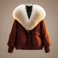 Women's Quilted Coat | Oversized Fur Collar Zip Front Padded