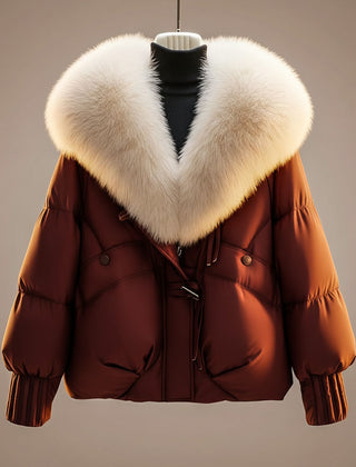 Women's Quilted Coat | Oversized Fur Collar Zip Front Padded