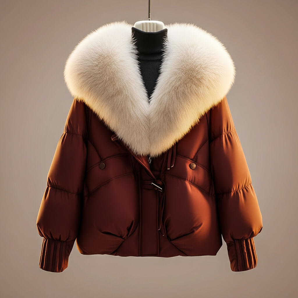 Women's Quilted Coat | Oversized Fur Collar Zip Front Padded