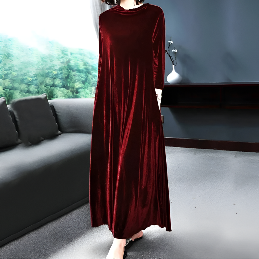 Women's Red Midi Sundress | Maxi Velvet Round Neck Long Sleeve