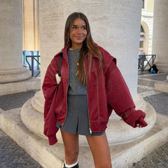 Women's Leather Bomber Coat | Oversized Zip Closure Longline Collar