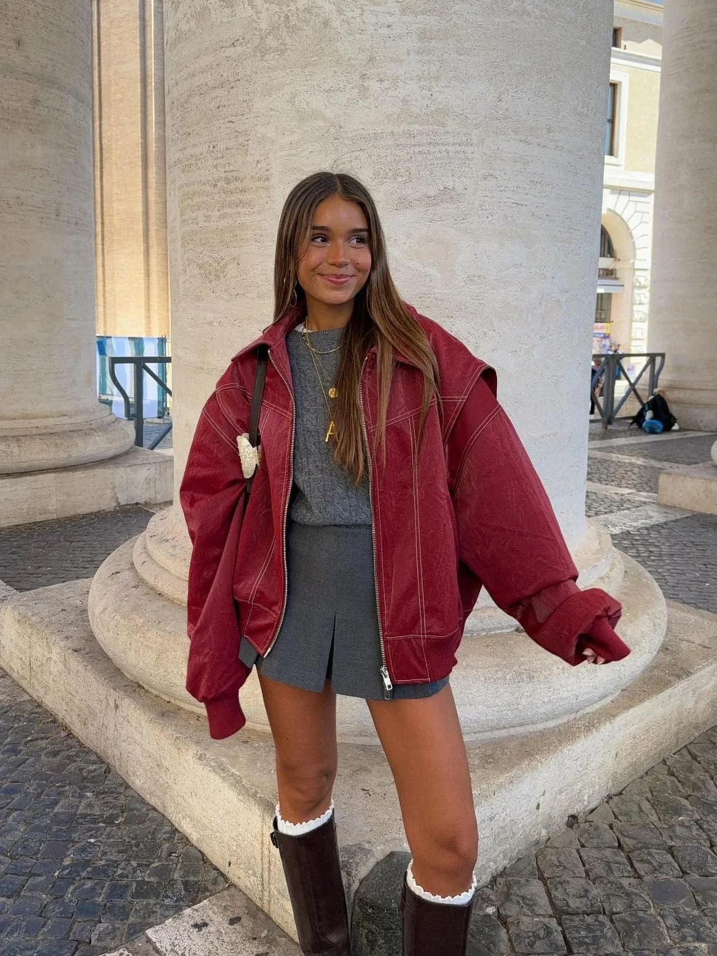 Women's Leather Bomber Coat | Oversized Zip Closure Longline Collar