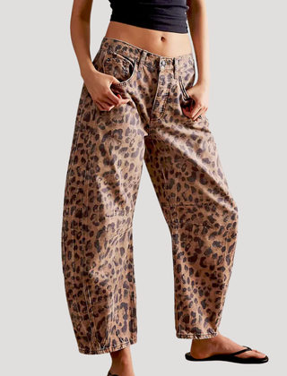 Women's Barrel Jeans | Leopard Print Mid Rise Cropped Denim