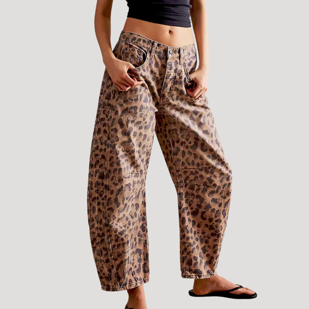 Women's Barrel Jeans | Leopard Print Mid Rise Cropped Denim