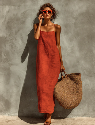 Women's Cotton Dress | Maxi Square Neck Spaghetti Sleeveless