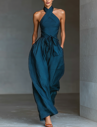Women's Playsuit | Cross Halter Neckline Sleeveless Wide Leg