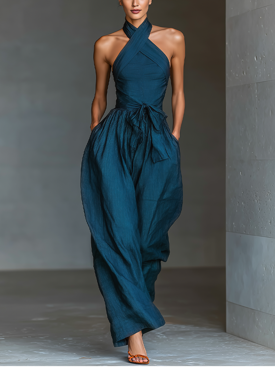 Women's Playsuit | Cross Halter Neckline Sleeveless Wide Leg