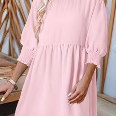 Women's Babydoll Dress | Midi Crew Neckline Smocked Cuff