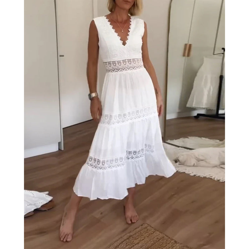 Women's Lace Dress | V-Neck Sleeveless Midi Lace Trim