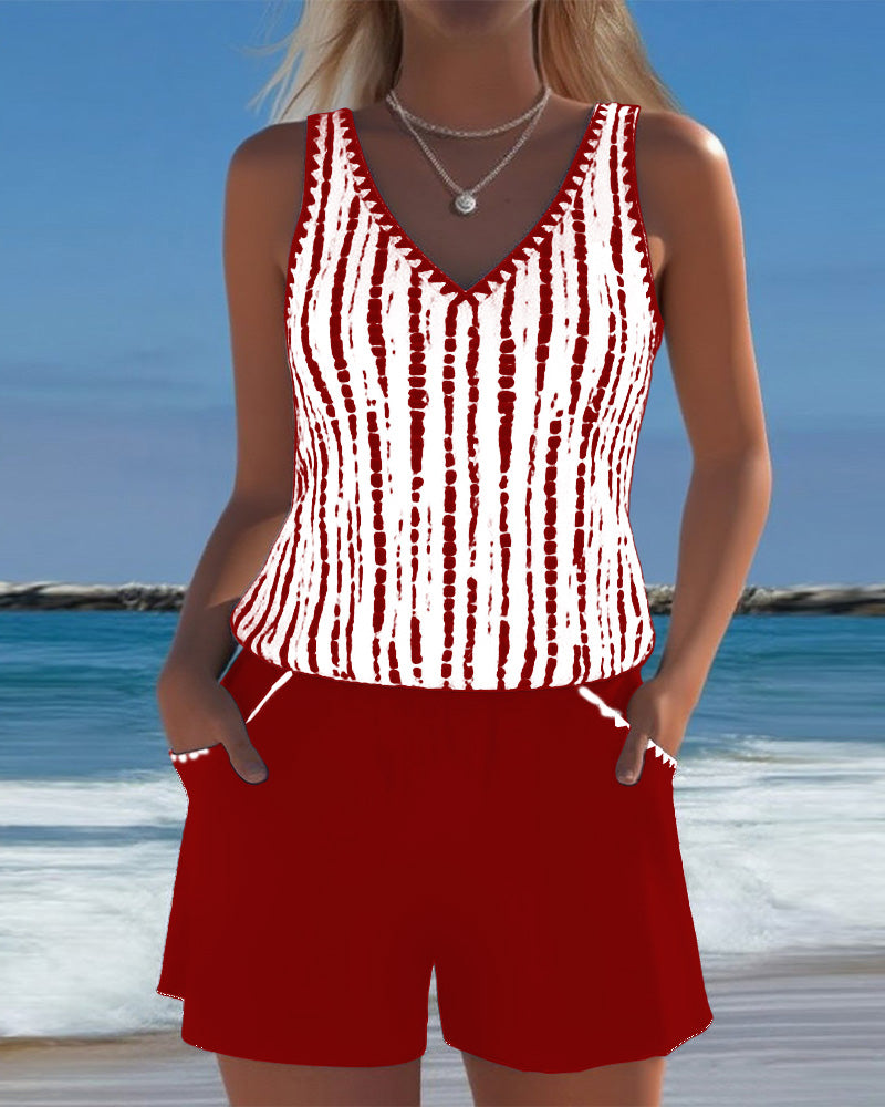 Women's Red Swimsuit | V-Neck Striped Tankini Pockets