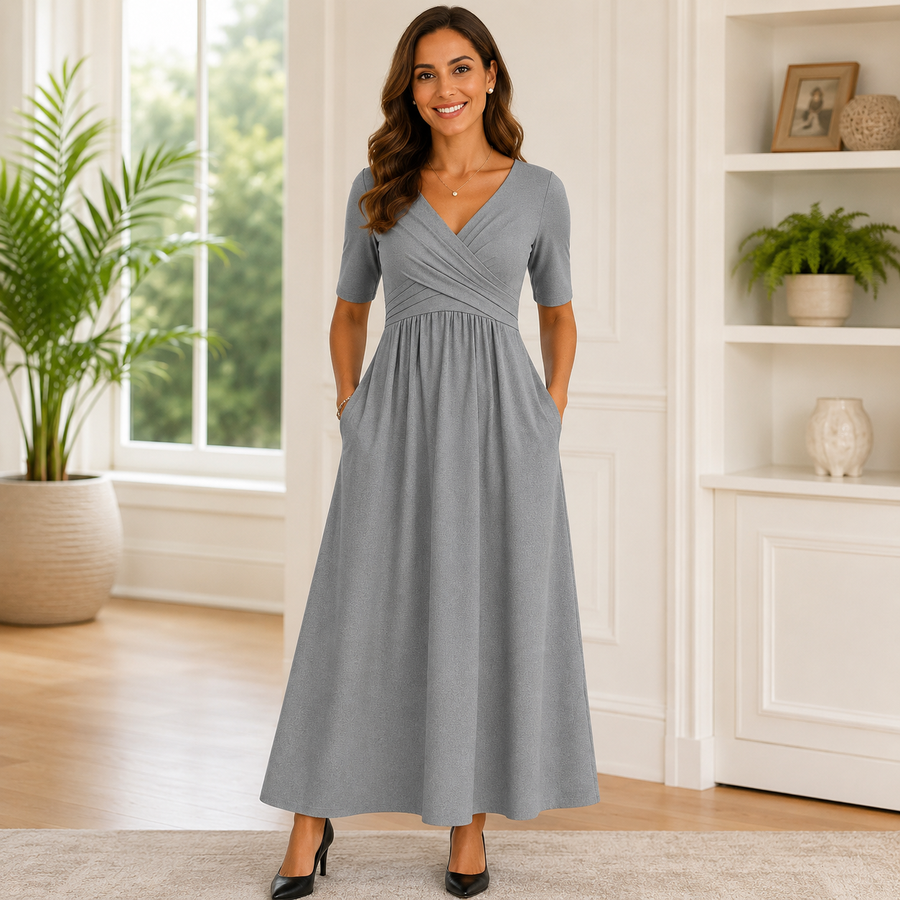 Casual V-neck midi babydoll dress for women, comfortable relaxed fit, short sleeves & practical pockets.