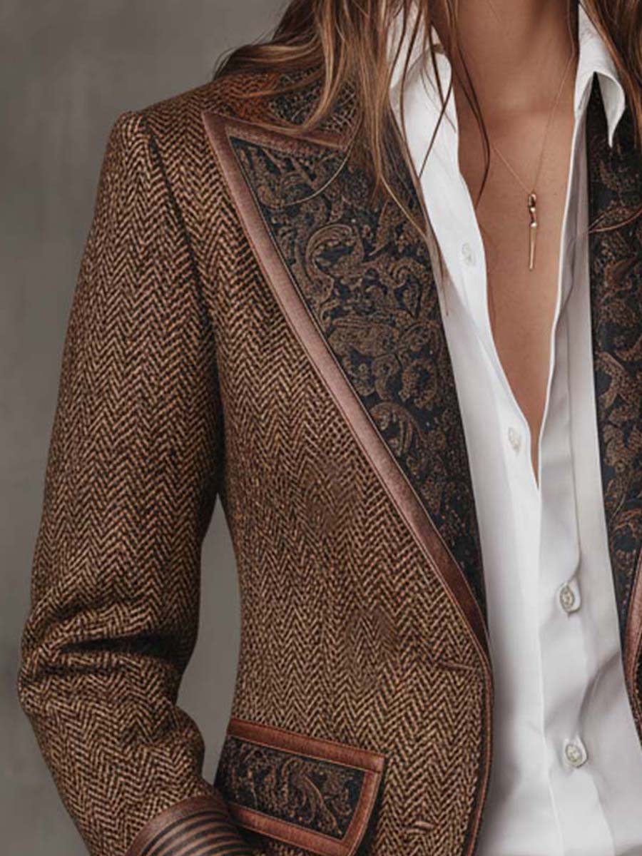 Women's Blazer | Tweed Herringbone Button Closure Tailored