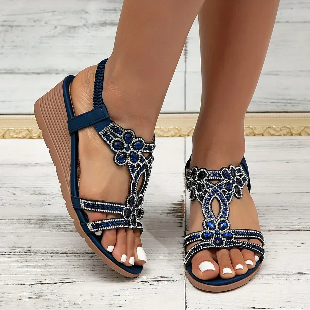 Women's Wedge | Open Toe Slingback Rhinestone Embellished