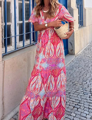 Women's Empire Waist Dress | Maxi V-Neck Flutter Sleeve Paisley