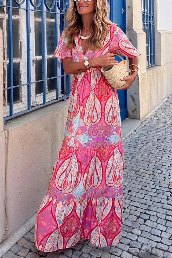 Women's Empire Waist Dress | Maxi V-Neck Flutter Sleeve Paisley