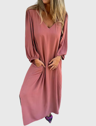 Women's Boho Dress | V-Neck Puff Sleeve Midi Pockets