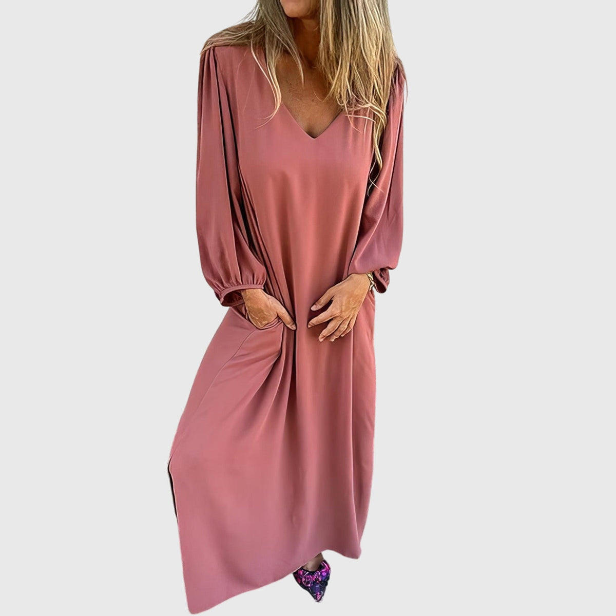 Women's Boho Dress | V-Neck Puff Sleeve Midi Pockets