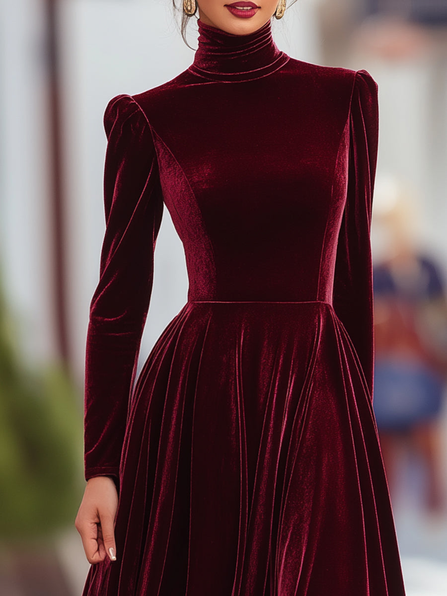 Women's Christmas Dress | Maxi Turtleneck Long Sleeve Velvet