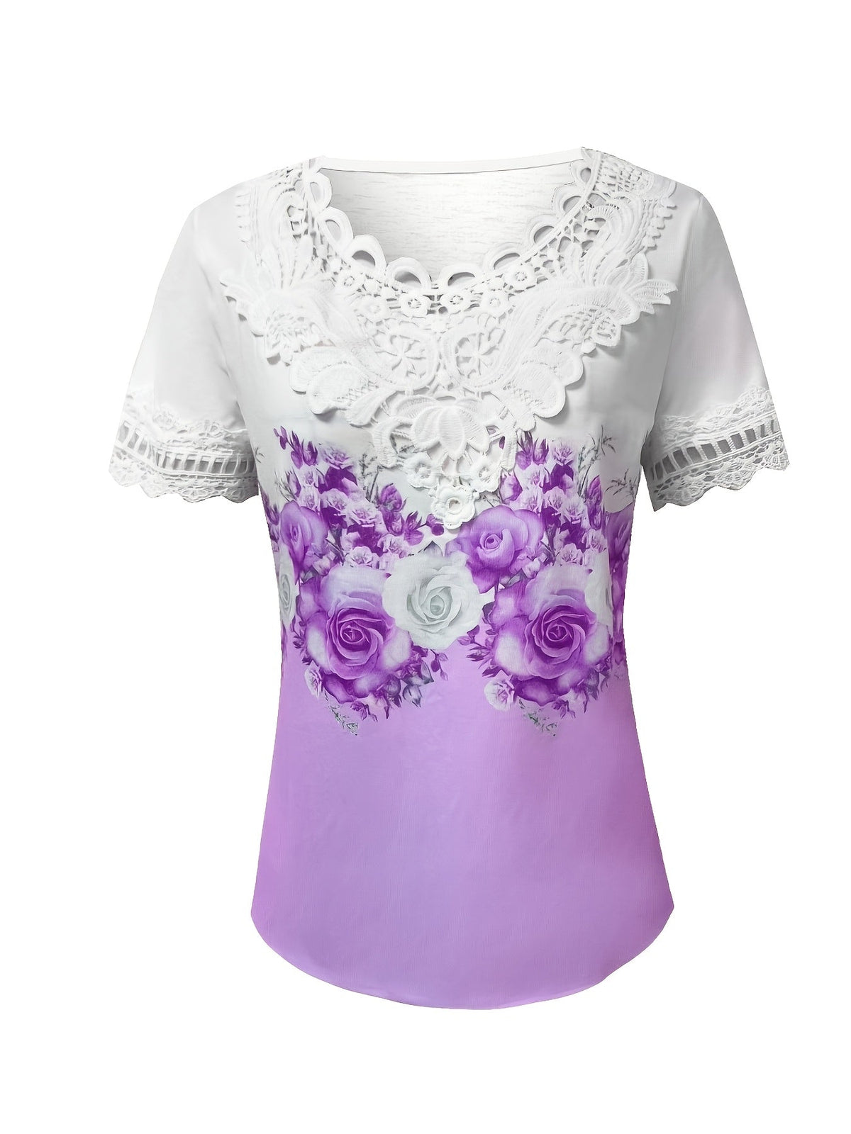 Women's Lace Top | Scalloped Neckline Short Sleeve Floral