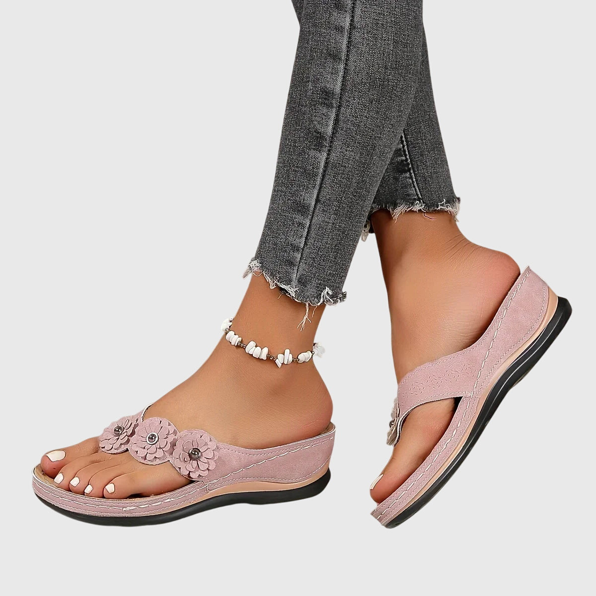Women's Flip Flop | Open Toe Flower Embellished Wedge