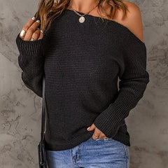 Women's Off The Shoulder Sweater | Ribbed Knit Long Sleeve Cold Shoulder