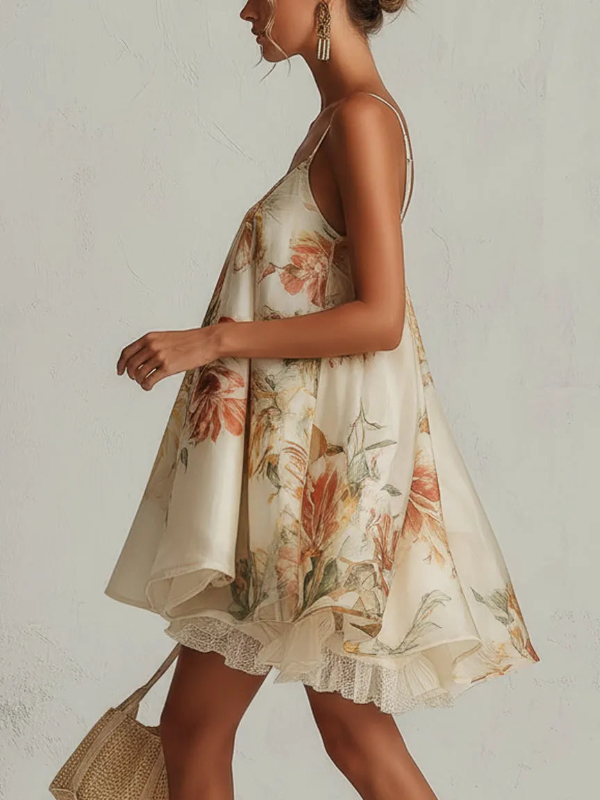 Women's Mini Dress | Floral Print Camisole Sweetheart Lace Trim