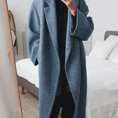 Women's Long Coat | Double-Breasted Notched Lapel Wool Relaxed Fit