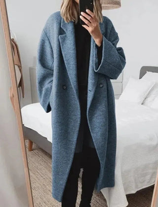 Women's Long Coat | Double-Breasted Notched Lapel Wool Relaxed Fit